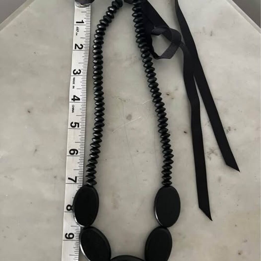 Black Wooden Statement Necklace with Satin Ribbon Tie